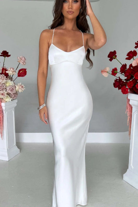 Back Tie Spaghetti Strap Formal Dress S / White