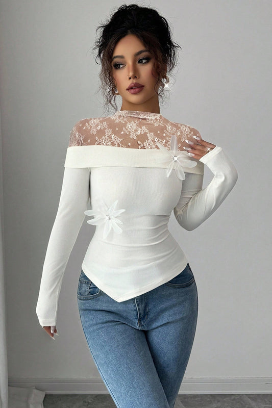 Floral Lace Yoke Off Shoulder Blouse
