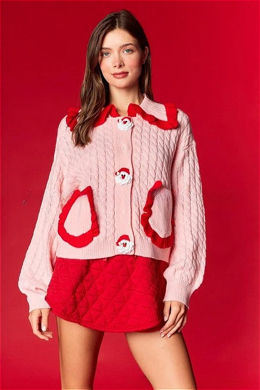 Christmas Cute Doll Collar Ruffle Casual Sweater Pink / S