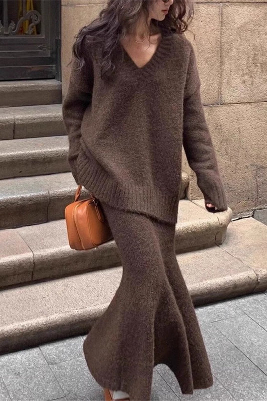 Zweiteiliges Set aus lässigem V-Ausschnitt-Strickpullover und Meerjungfrauenrock