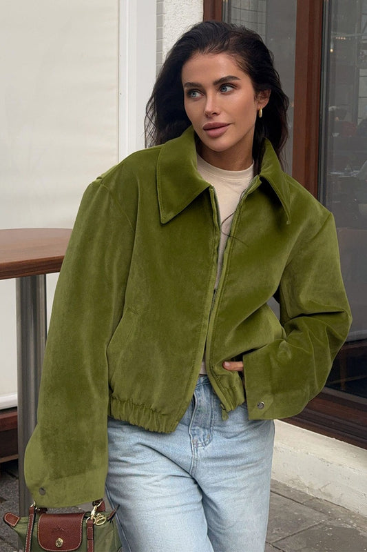 Velvet Turn Down Collar Zip Jacket