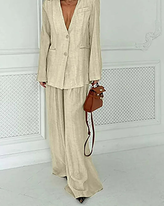 Khakifarbenes, lockeres Zweiteiler-Set mit tiefer V-Neck-Hose fürs Büro