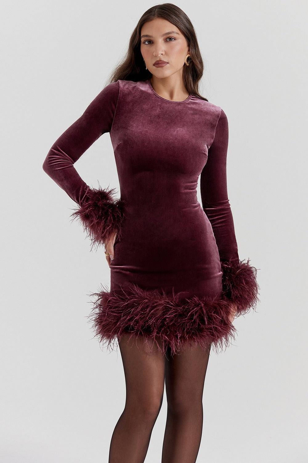 Knit Fuzzy Cuff Hem Cocktail Dress S / Red