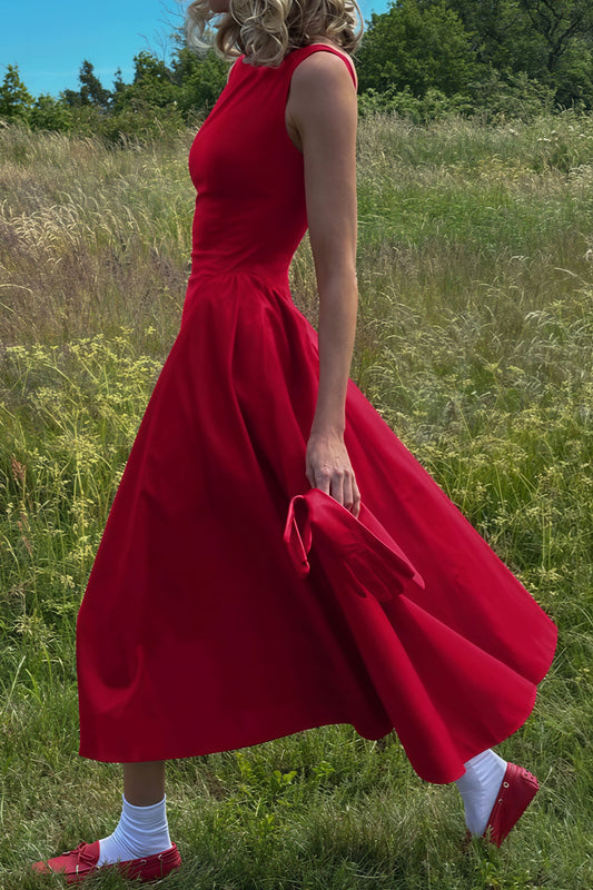 Modisches, einfarbiges, ärmelloses, tailliertes Midikleid