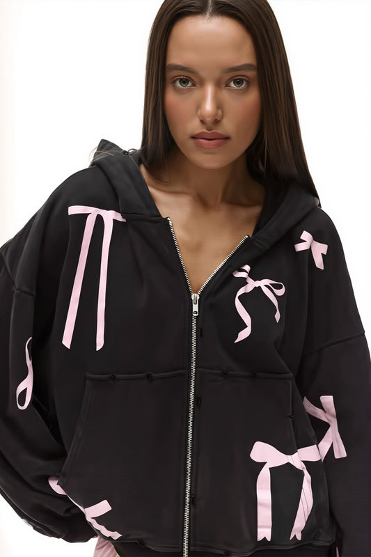 Bow Print Zip Cardigan Hoodie