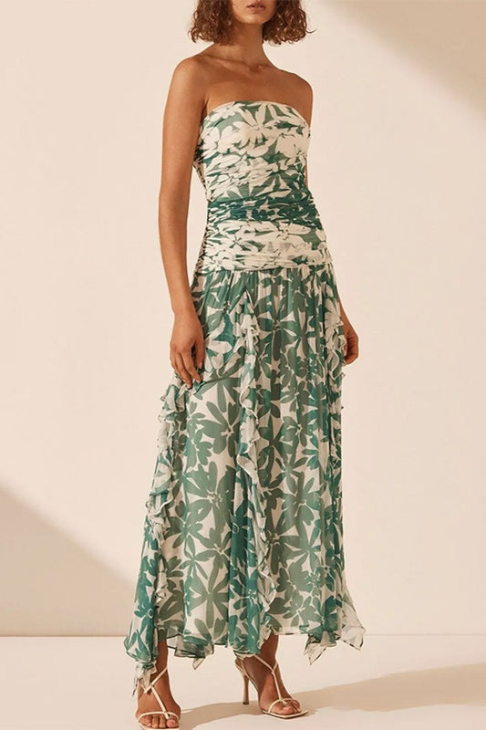 Bedrucktes trägerloses Chiffon-Boho-Kleid