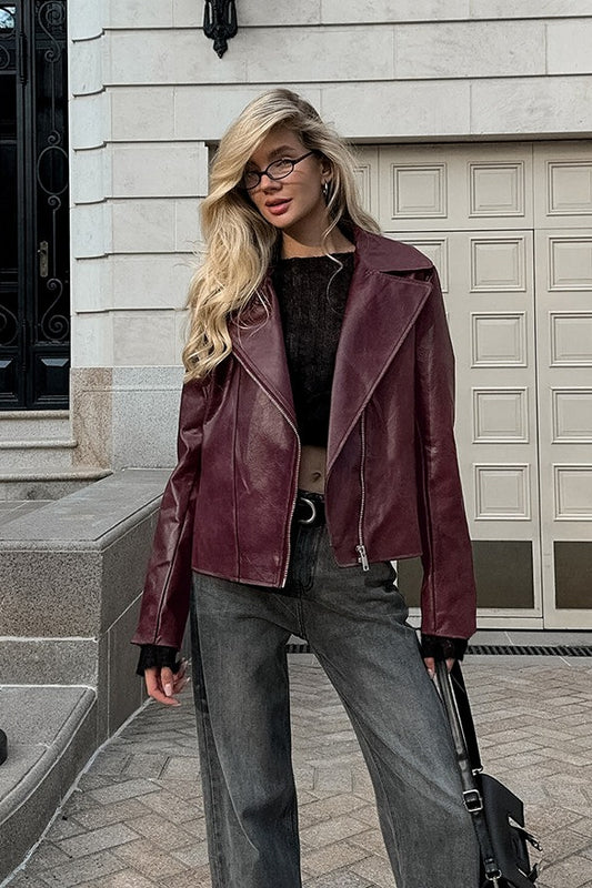 Vintage Rote PU-Lederjacke