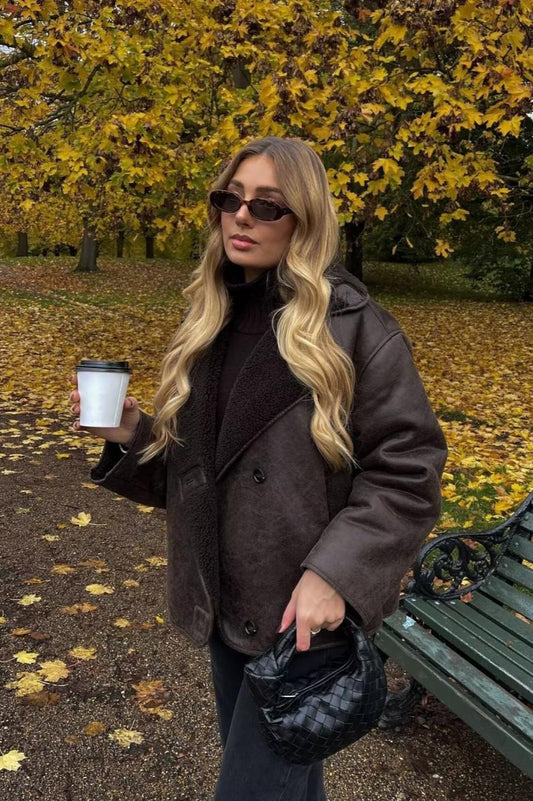 Oversized Shearling Collar Faux Suede Jacket