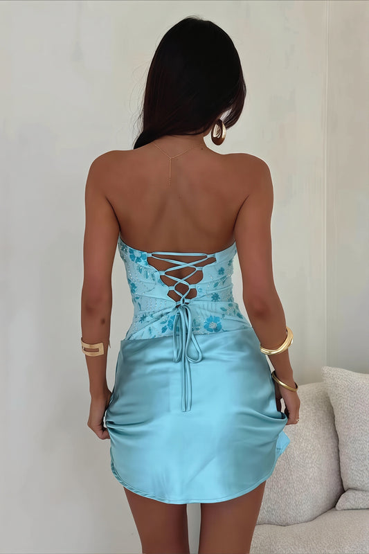 Embellished Floral Lace Up Mini Dress