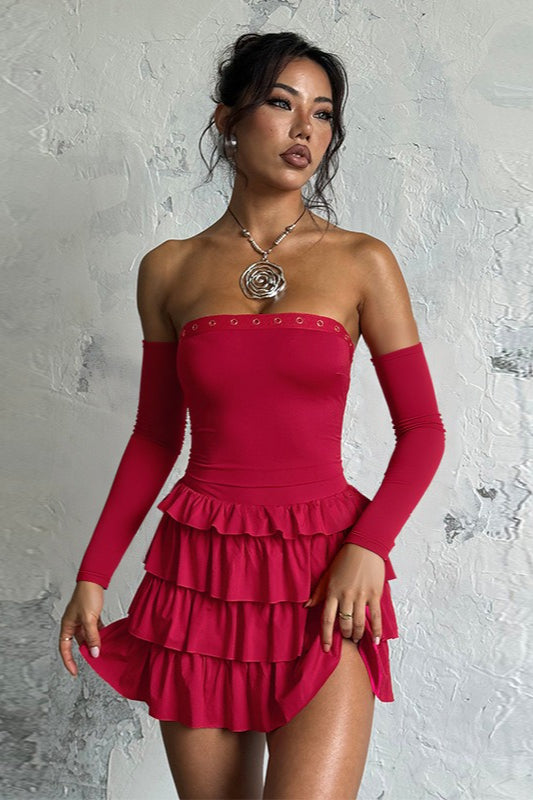 Vintage-Minikleid mit langen Ärmeln und schulterfreiem Oberteil