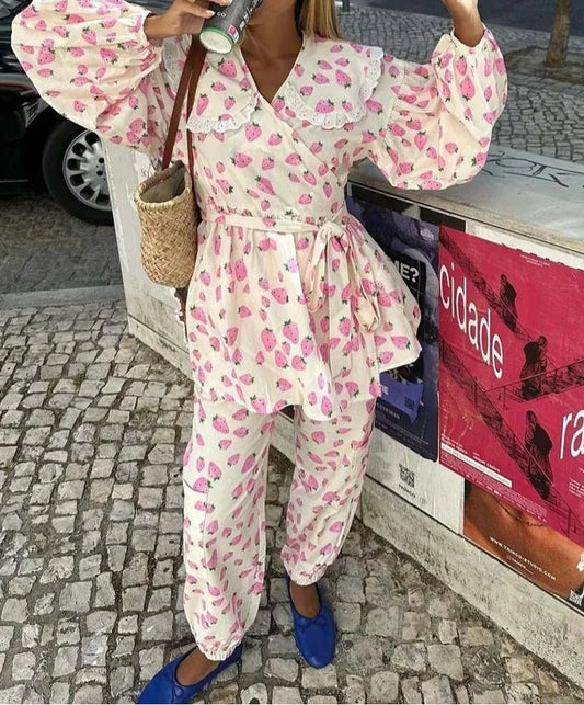 Pink bedrucktes Peter-Pan-Knöchelhosen-Set fürs Büro, zweiteilig