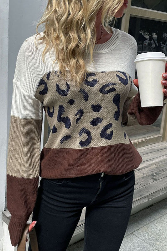 Lässiger Pullover mit Leopardenmuster und Kontrastärmeln
