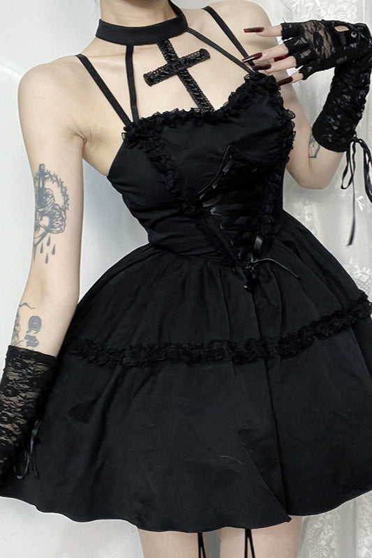 Sexy Gothic-Kleid mit gekreuzten Neckholder-Trägern