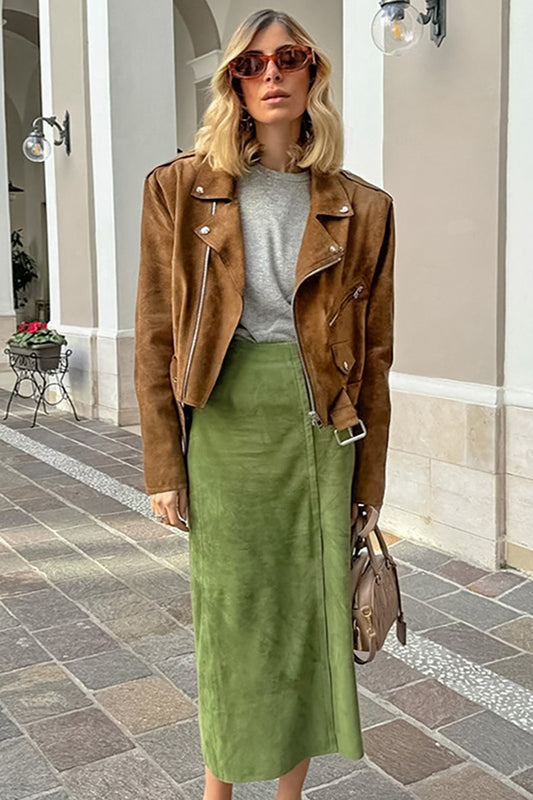 Faux-Suede Front-Slit Midi Skirt
