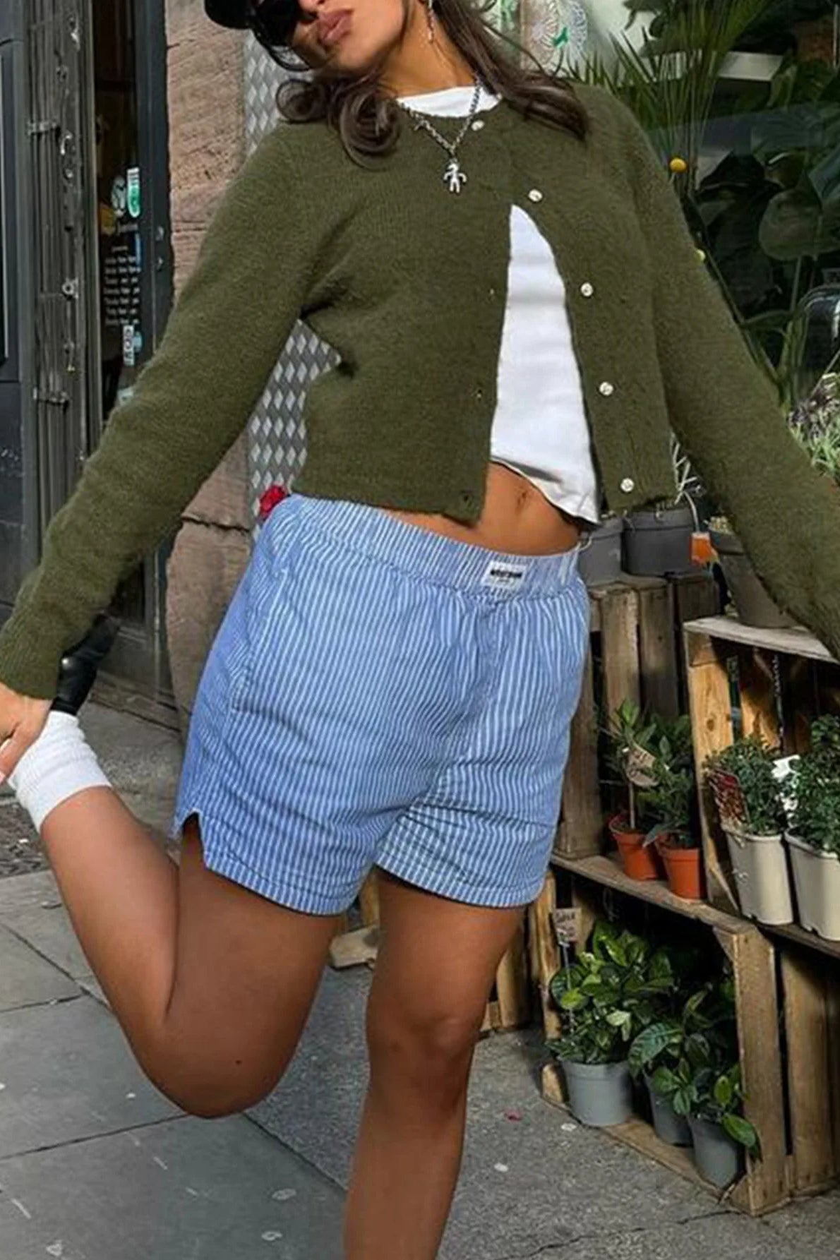 Cropped Knit Button Cardigan Military green / S