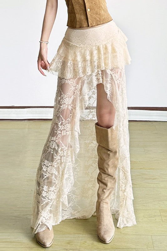 Spitzen-Netzrock mit hoher Taille und Schlitz