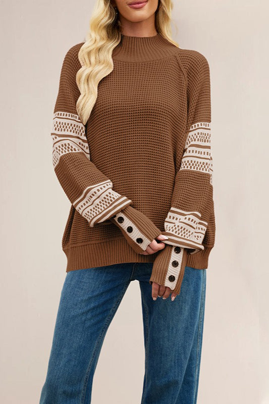 Color-Block Mock Neck Fashion Knit Sweater Brown / S