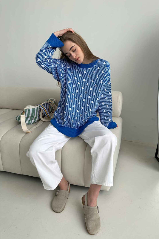 Strickpullover mit Rundhalsausschnitt und Segelbootmuster