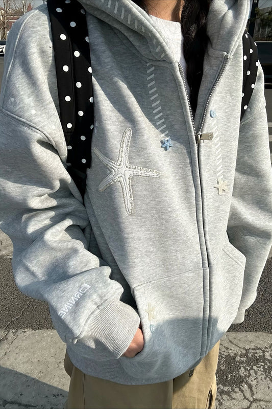 Star Snowflake Embroidered Zip Hoodie