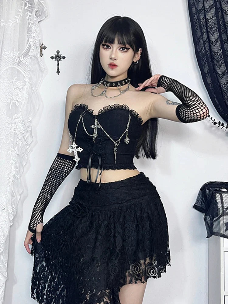 Gothic Dark Punk Harajuku Grunge Stylish Elegant Chic Trendy Lace-Up Crop Top