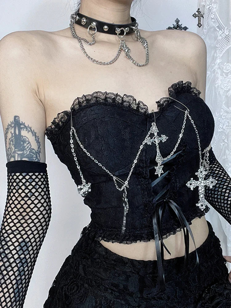 Gothic Dark Punk Harajuku Grunge Stylish Elegant Chic Trendy Lace-Up Crop Top Black / S