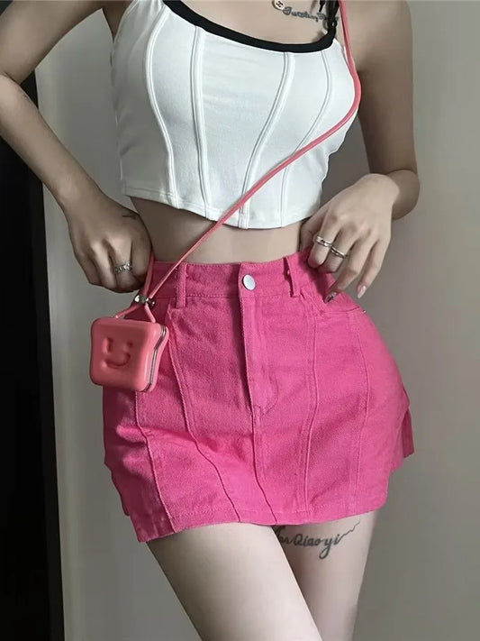 American Retro Spicy Girl Super Short Anti Glare Solid Color Pleated Low Waisted A-Line Jean