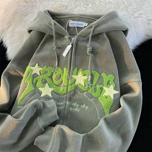 Vintage Goth Corduroy Zip Up Hoodie Green / M(40-50KG)