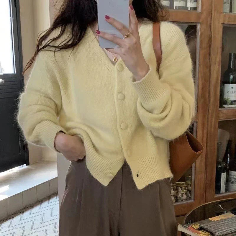 Green V-Neck Long Sleeve Single Breasted Knit Cardigan Yellow / S cardiagn-250126