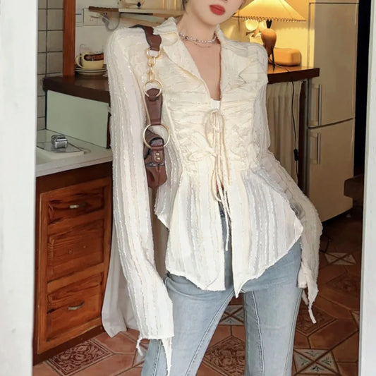 Lace Up Blouse Turn-down Collar Women Blouse blouse-250126