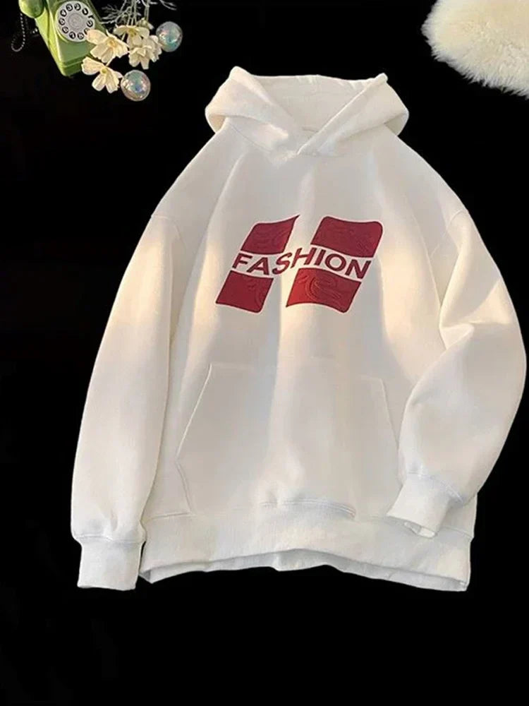Printed Hip-Hop Street Hoodie WHITE / M(40-45KG)