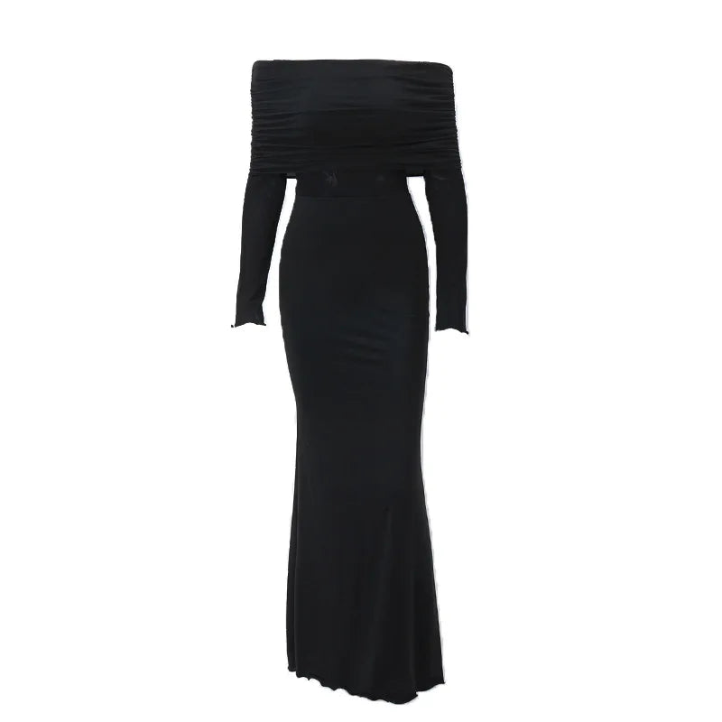Autumn Sexy Strapless Black Lace Patchwork Long Streetwear Club Bodycon Dress
