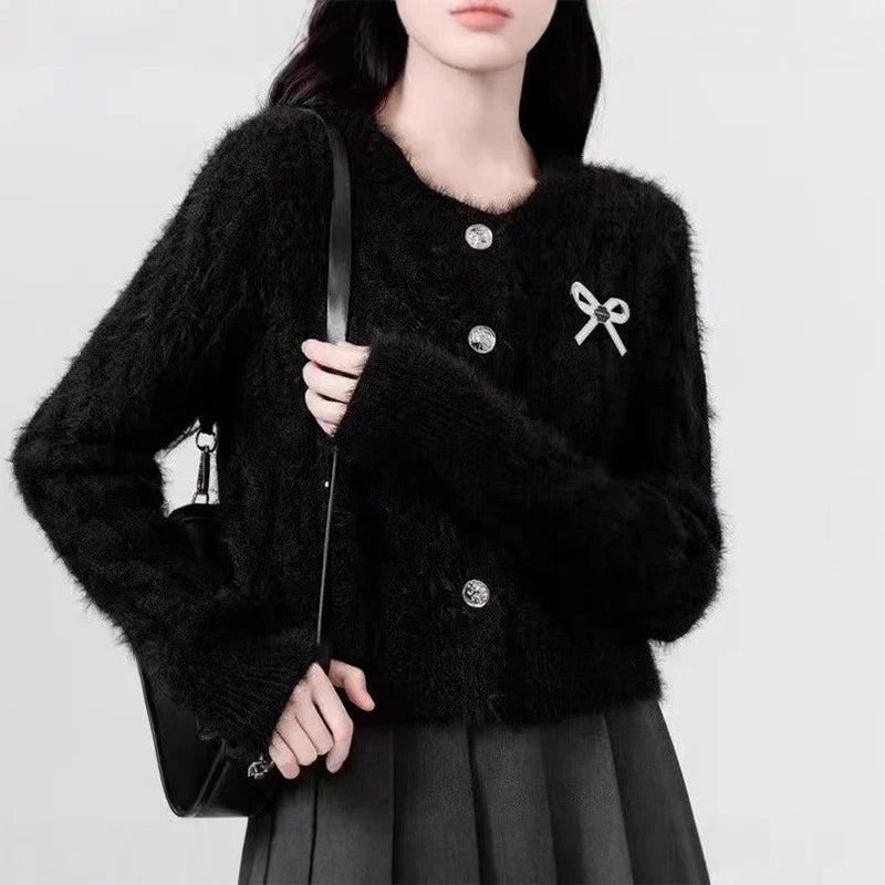 Fluffy Round Neck Bow Christmas Cardigan Black / One Size