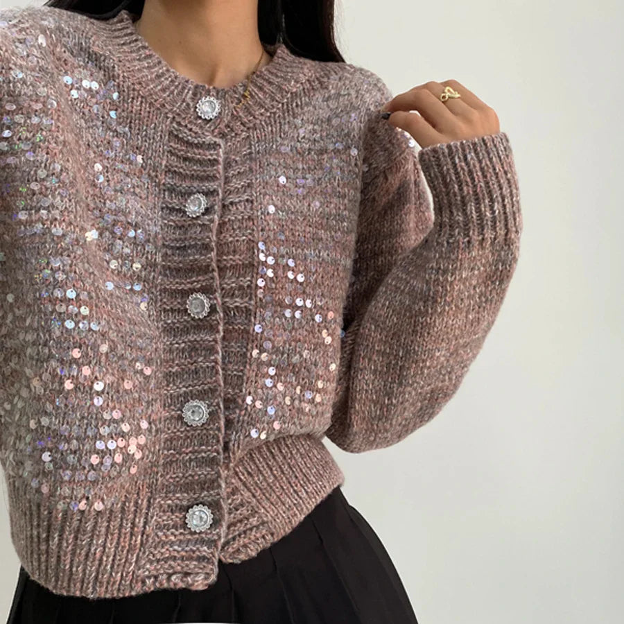 Sequined Knit Long Sleeve Cardigan Cardigan-241208
