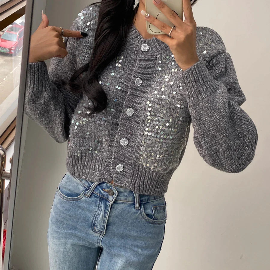 Sequined Knit Long Sleeve Cardigan Cardigan-241208