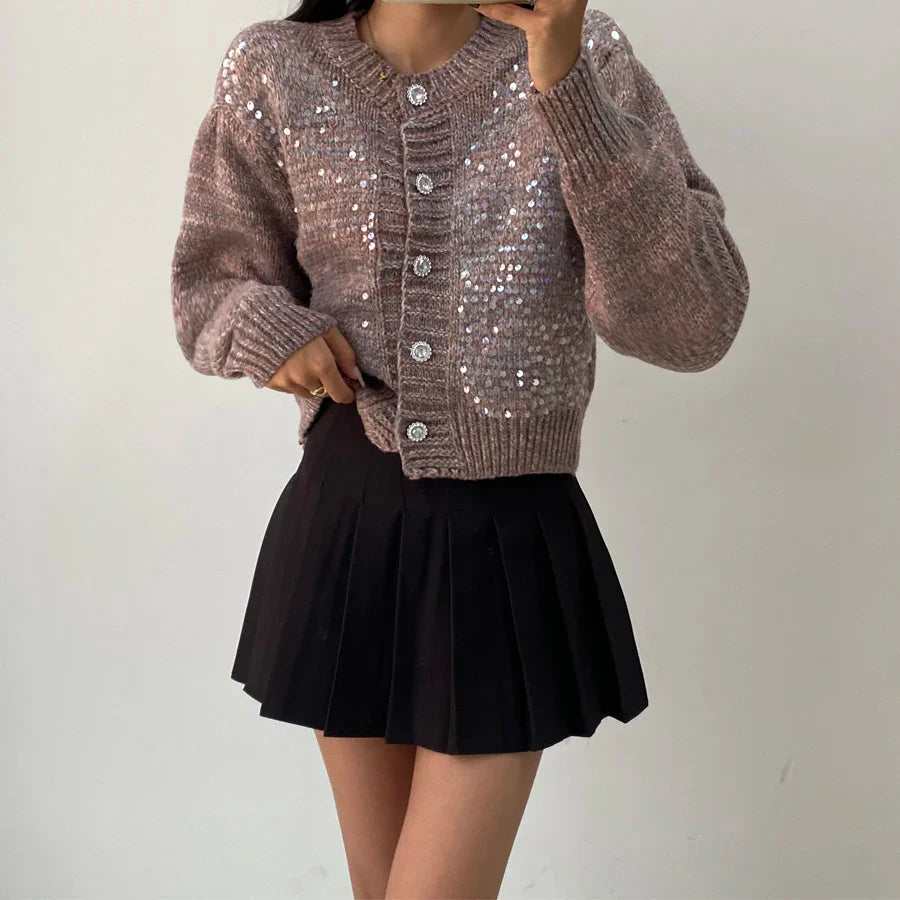 Sequined Knit Long Sleeve Cardigan Coffee / One Size Cardigan-241208
