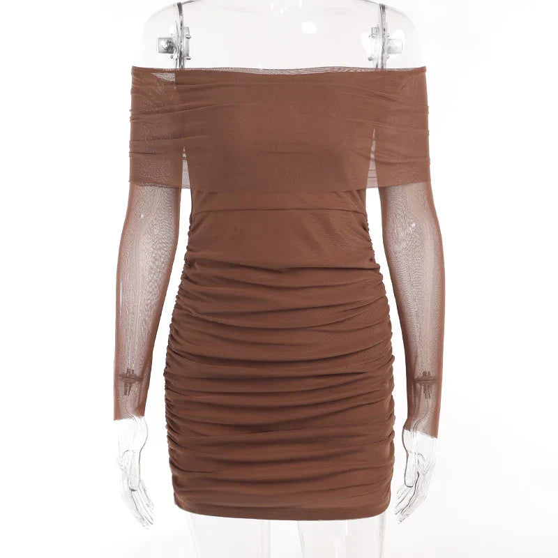 Autumn And Winter New Off Shoulder Knitted Slim Pleated Long Sexy Bodycon Dress Dark Brown / S
