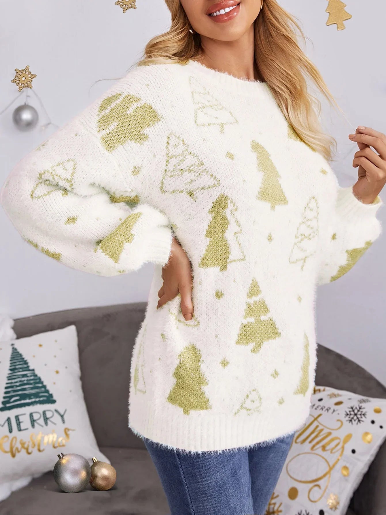 Multi-Color Christmas Tree Design Round Neck Loose Lazy Wind Sweater Sweaters-L