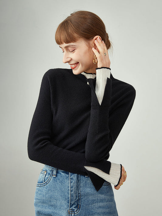 Contrast Trim Mock Trendy Neck Knit Top Sweaters-L