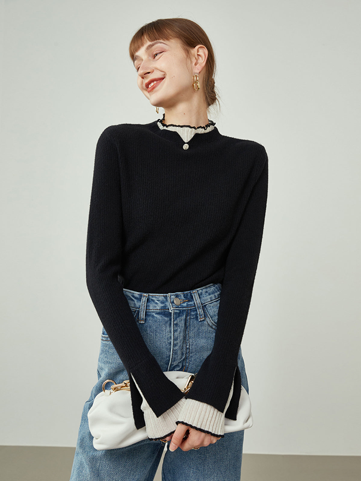 Contrast Trim Mock Trendy Neck Knit Top Sweaters-L