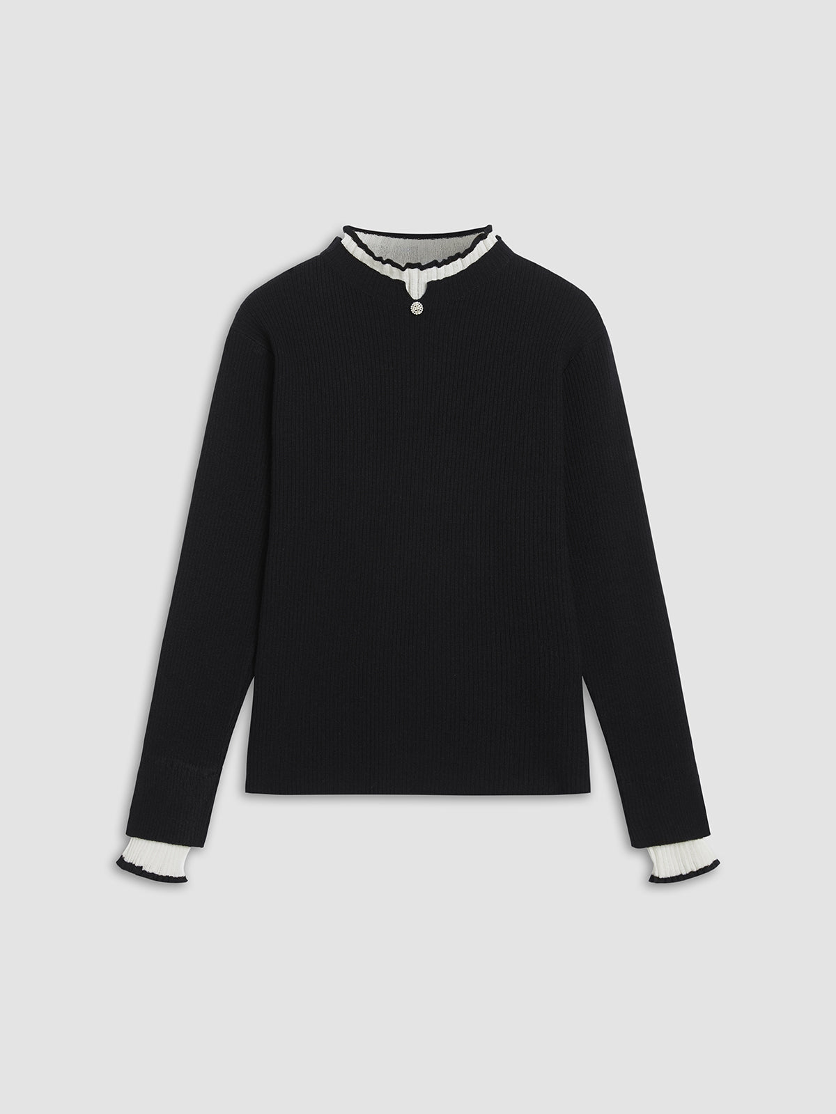 Contrast Trim Mock Trendy Neck Knit Top Sweaters-L