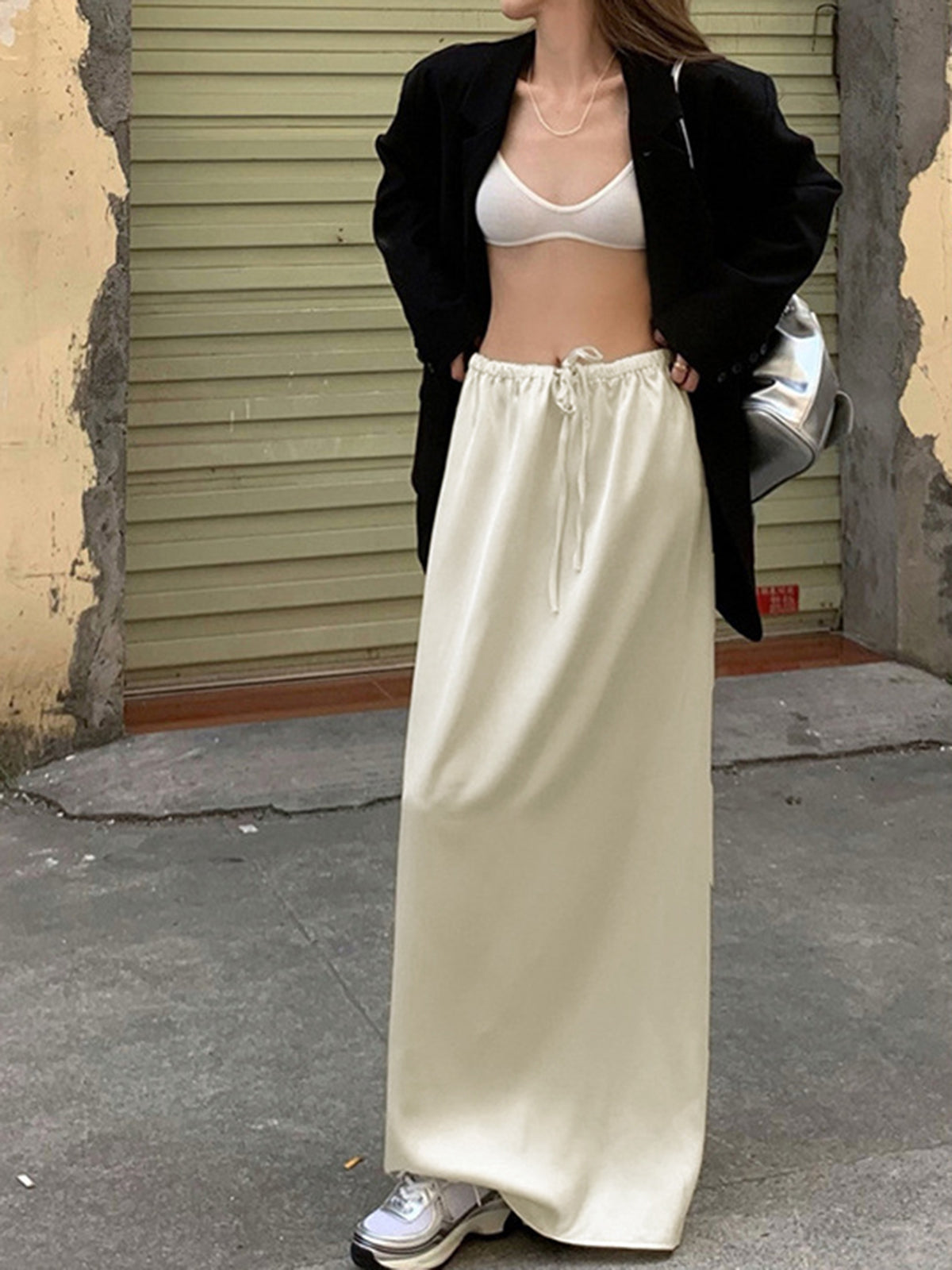 Drawstring Satin Graceful Maxi Skirt Skirts