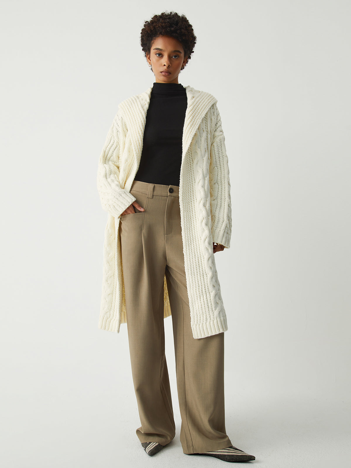 Cable Knit Graceful Hooded Longline Cardigan Sweaters-L