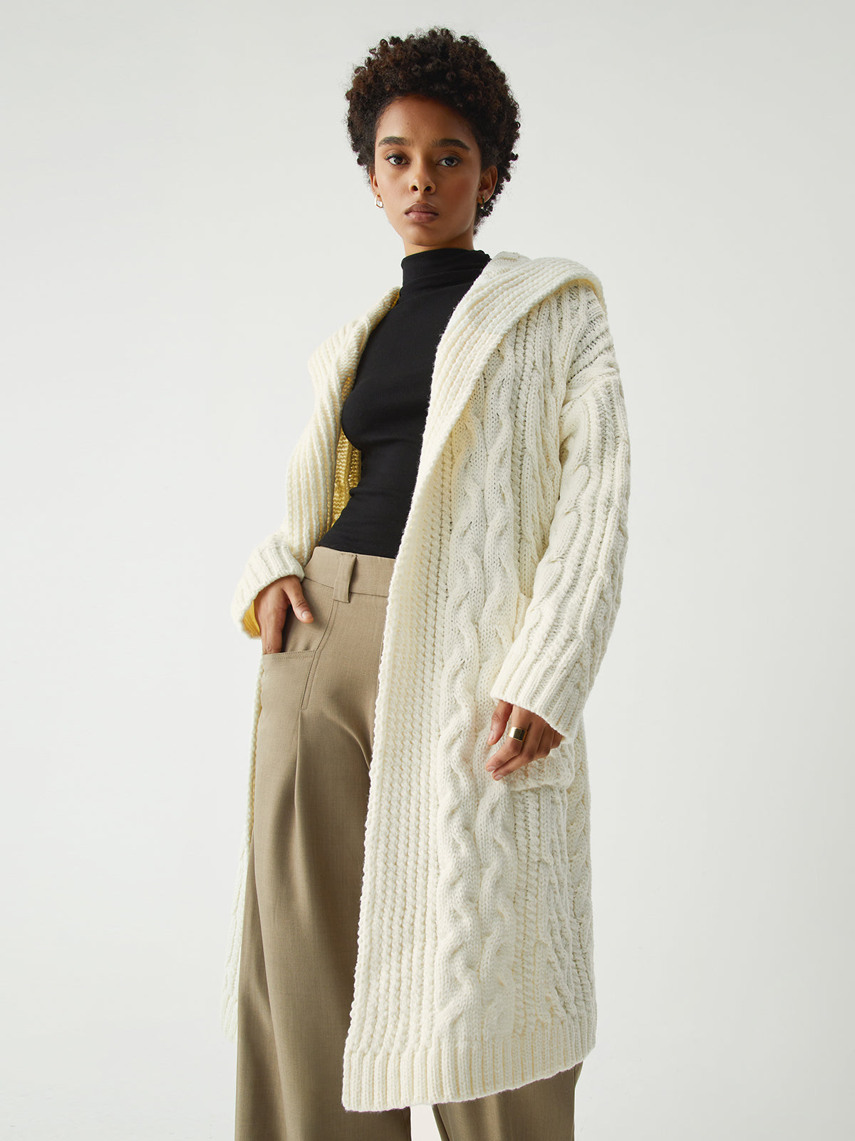 Cable Knit Graceful Hooded Longline Cardigan Sweaters-L