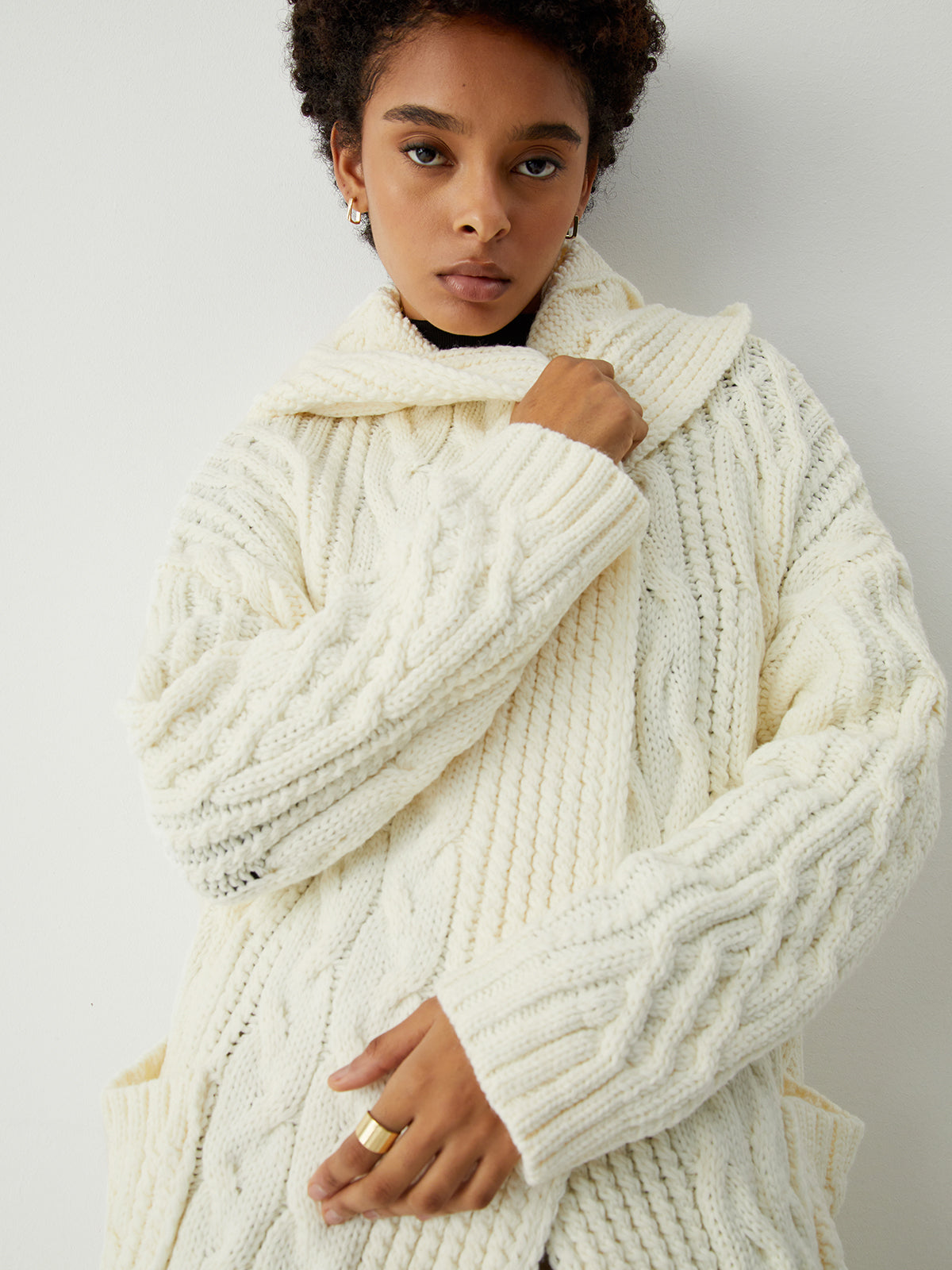 Cable Knit Graceful Hooded Longline Cardigan Sweaters-L