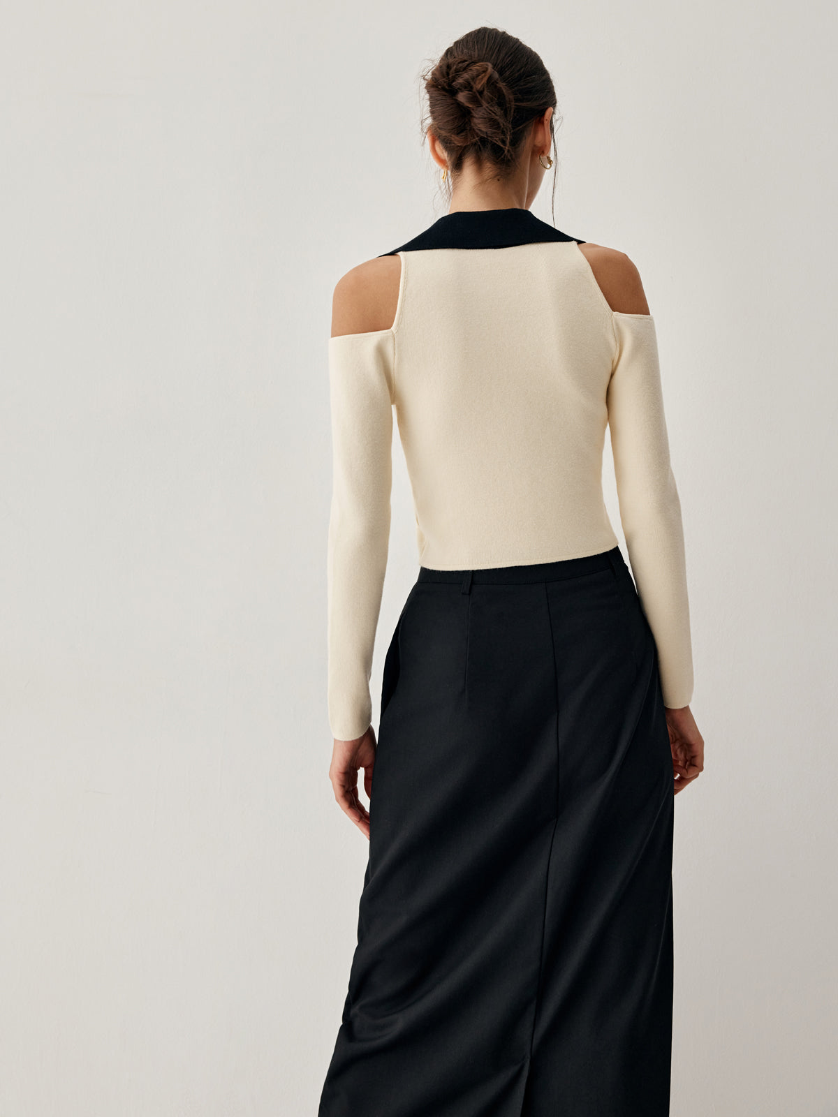 Colorblock Open Collar Cutout Modern Crop Long Sleeve Top Sweaters-L