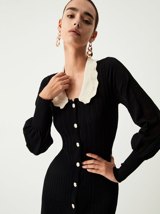 Contrast Eyelet Collar Long Modern Sleeve Midi Sweater Dress Sweaters-L