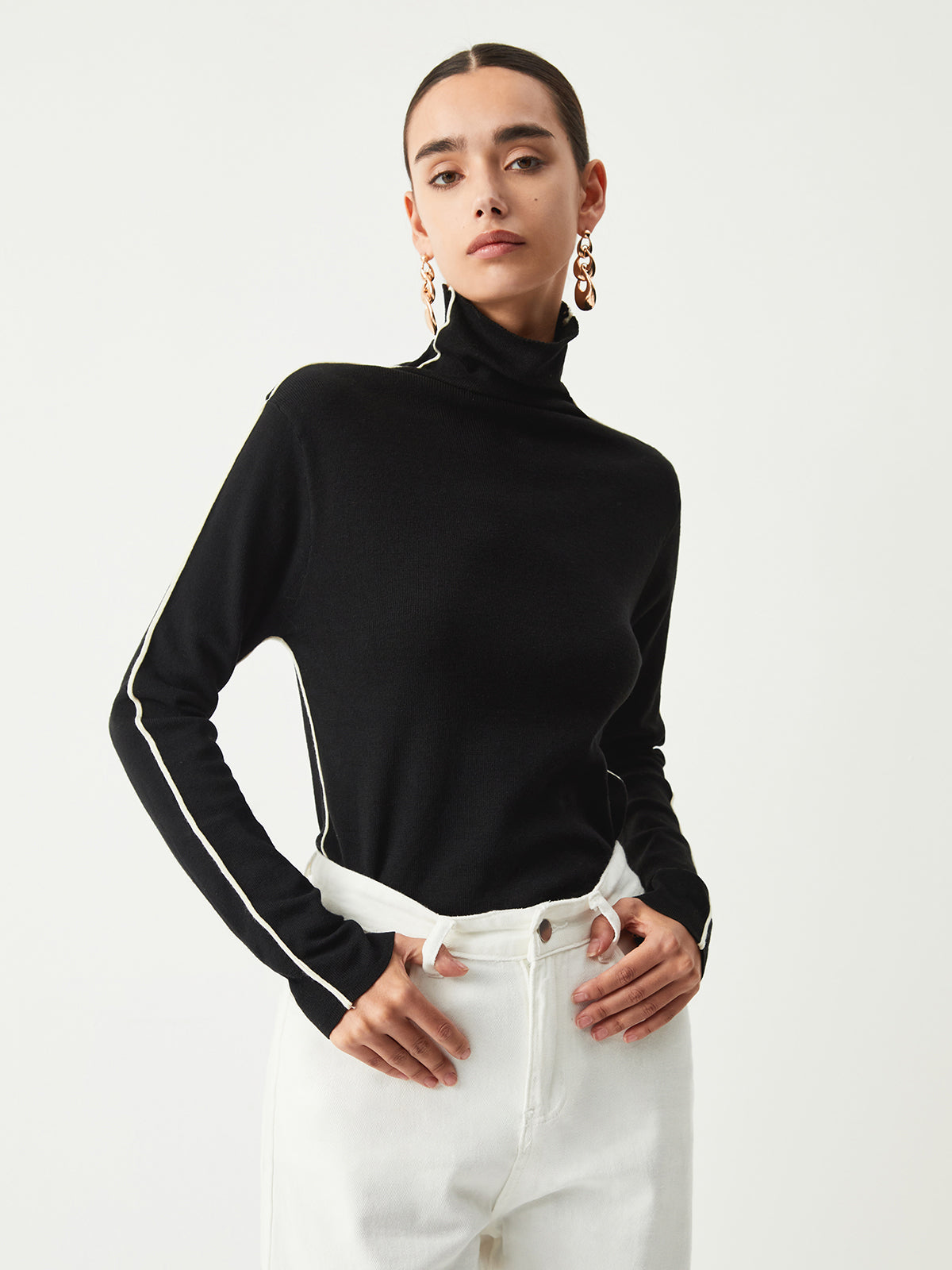 Contrast Piping Turtleneck Trendy Long Sleeve Top Tank Tops & Camis