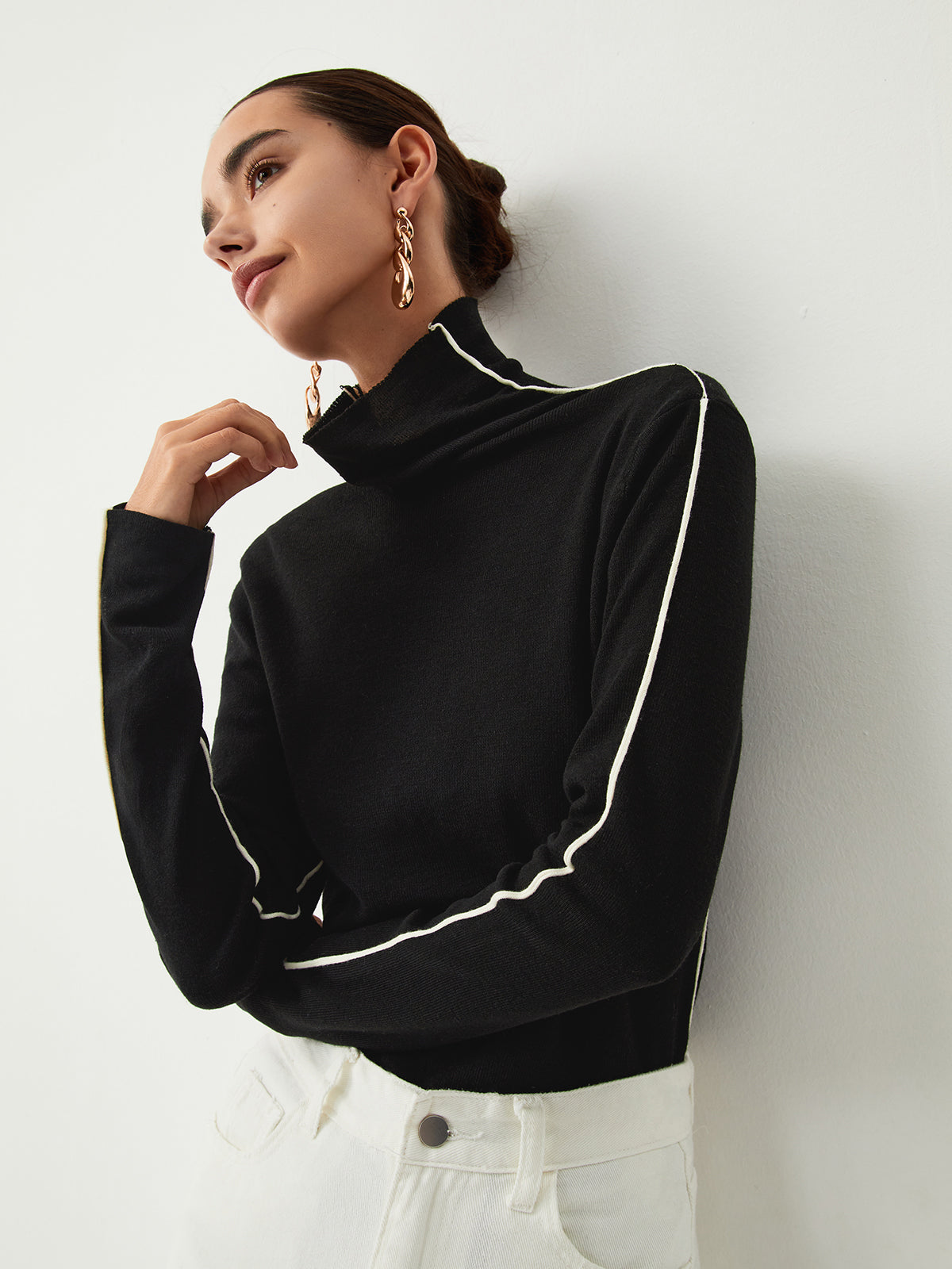 Contrast Piping Turtleneck Trendy Long Sleeve Top Tank Tops & Camis