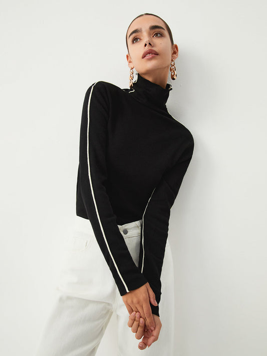 Contrast Piping Turtleneck Trendy Long Sleeve Top Black / Xs Tank Tops & Camis