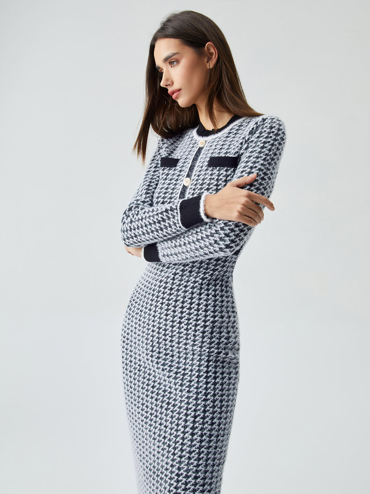 Contrast Trim Herringbone Trendy Bodycon Sweater Midi Dress Sweaters-L